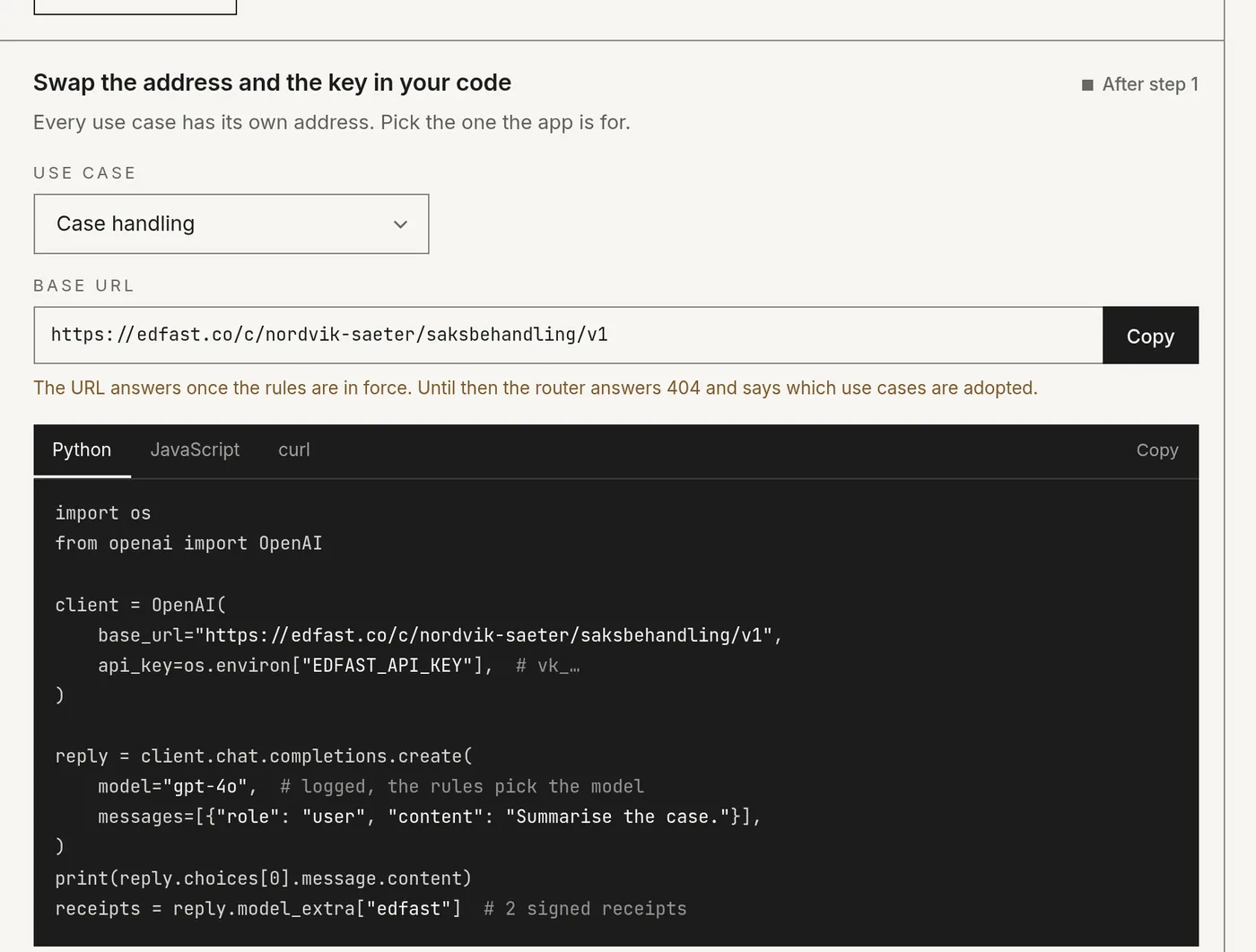 The connect page: the base URL for a use case and a Python code sample.